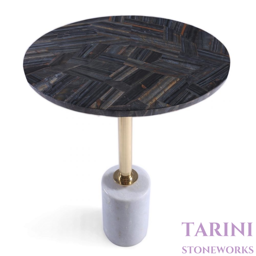 Blue Tiger Eye Side Table with Marble Base - Image 2