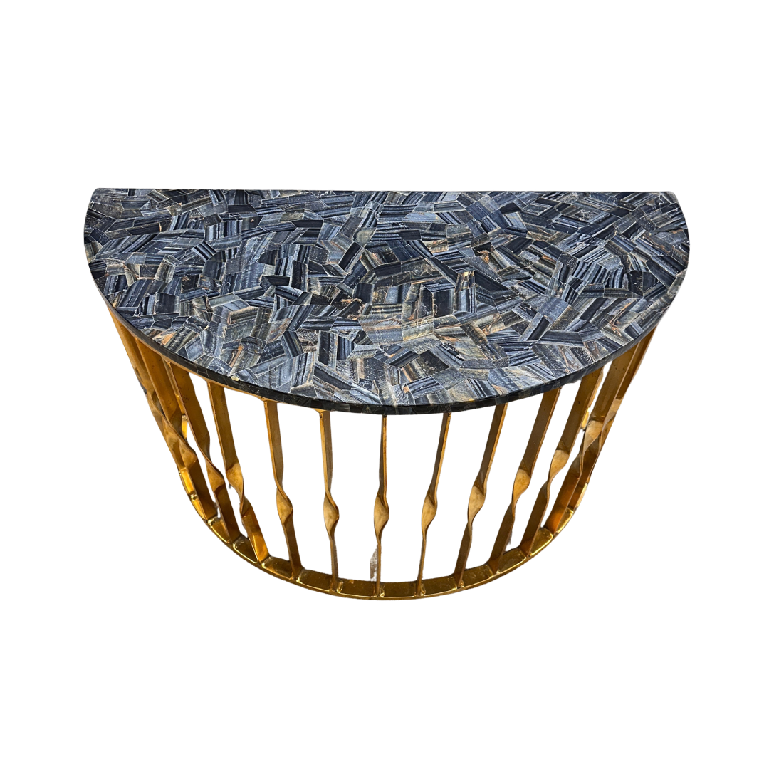 Tarini Blue Tiger Eye hemisphere accent table with brass metal base